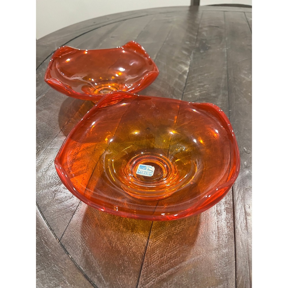 Vtg Viking Persimmon Orange Epic Four‎ Points Glass Bowls (2) Waves #6602